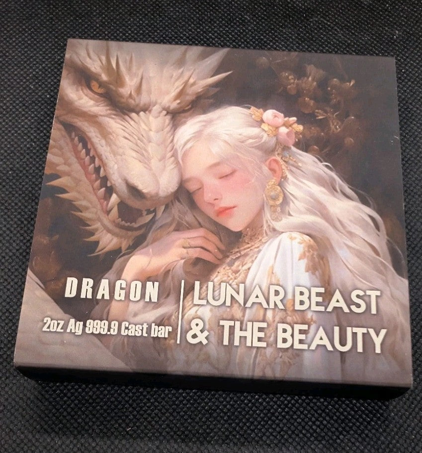 2024 2oz Silver Cast Bar Lunar Dragon Beast & Beauty .999 Fine3
