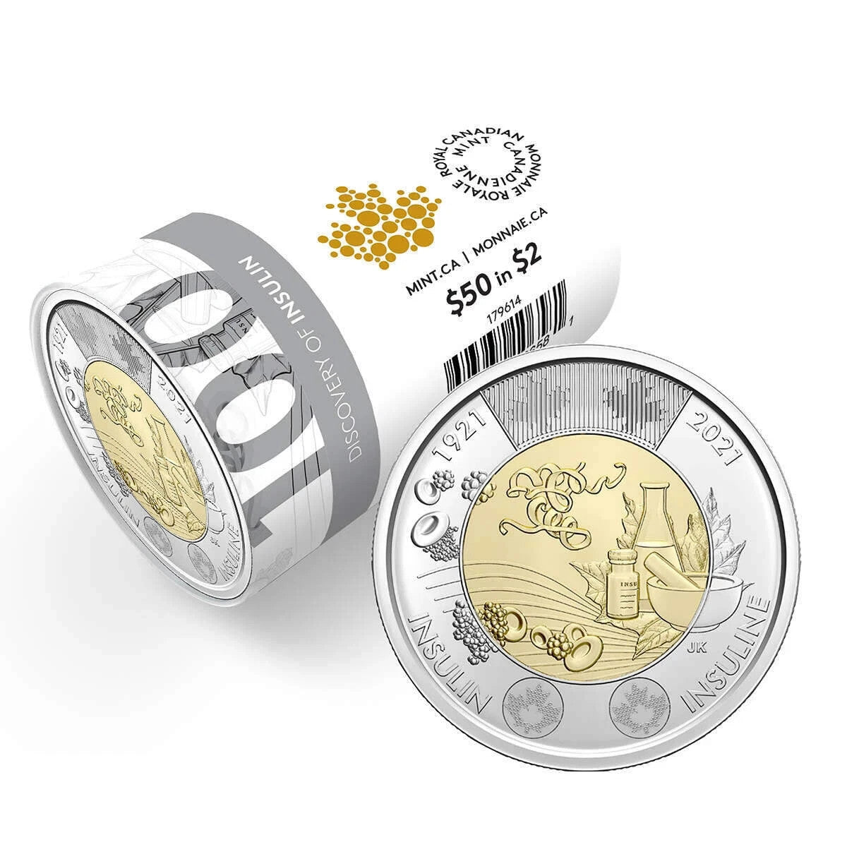 NEW ! 2021 Insulin Toonie $2 No Color Canada Special Wrap RCM Roll - 25 coins0