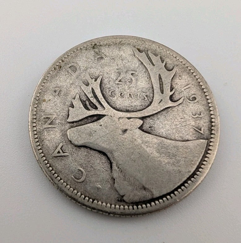 Canada 1937 25 Cents 25c Canadian Caribou Quarter Coin - 80% Silver - ASW .150oz0