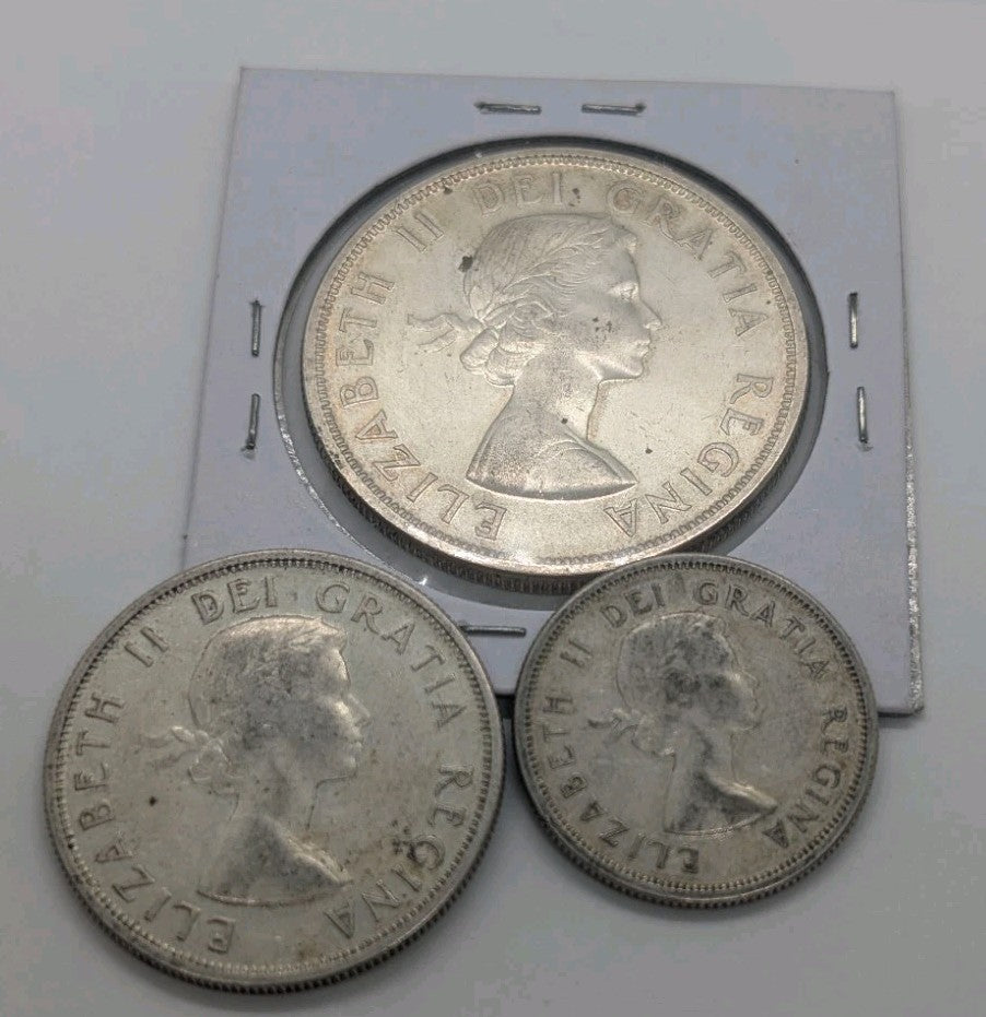 Set Of 3 Canada 1958 Silver Coins 25c 50c & 1$ Coins Circulated1