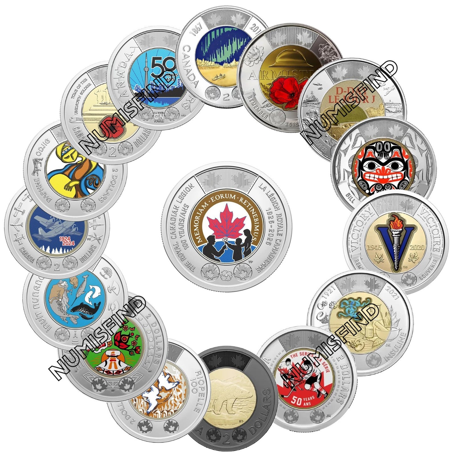 Canada Complete $2 Colored Toonie 16 Coin Set 2017-2026 Royal Canadian Legion0