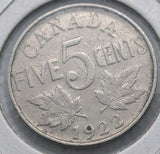 Canada Nickel 5 Cents 1922 - Circulated - Shipping Low Cost0