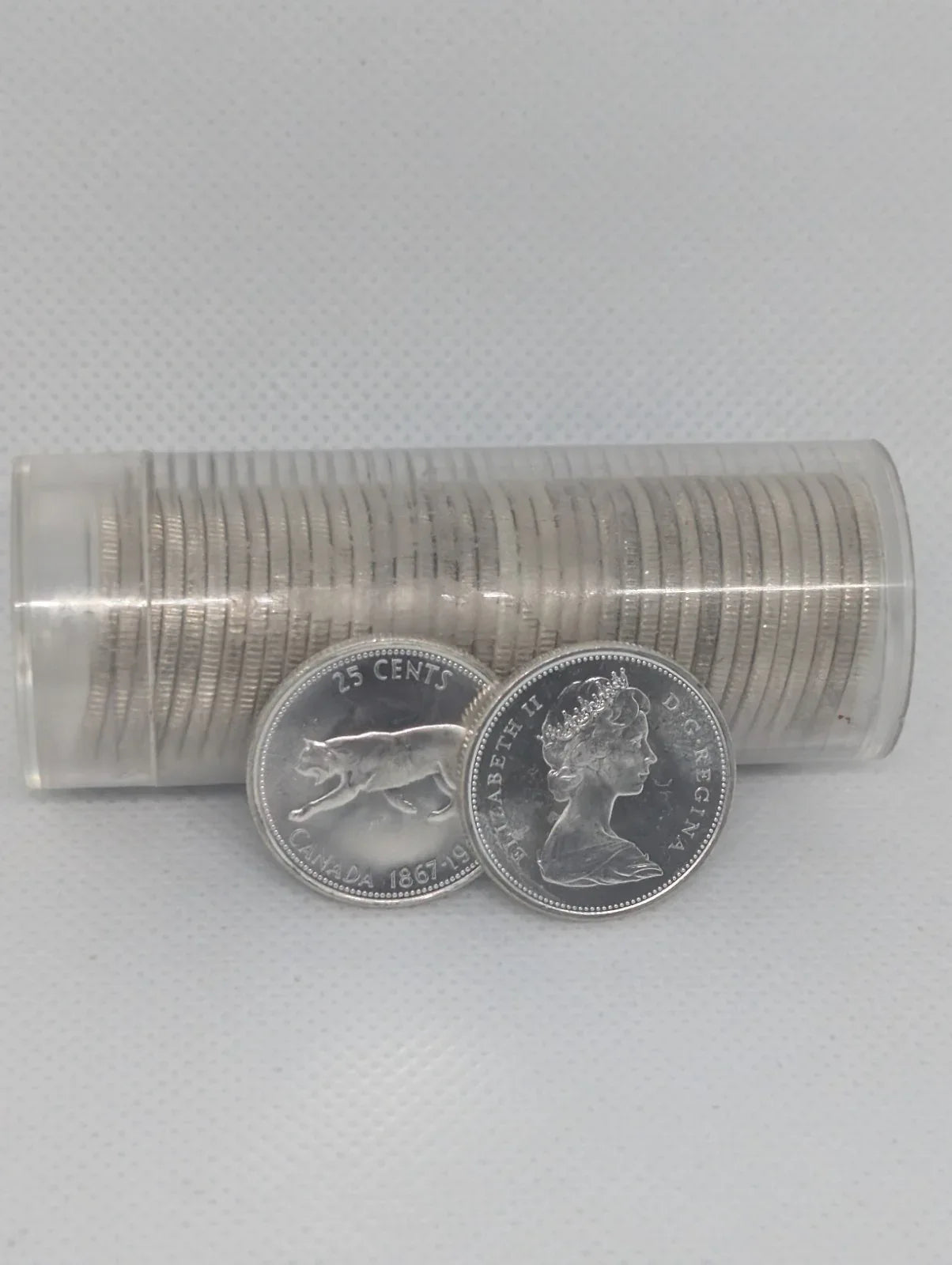 Roll of 1967 Canada Silver Quarter Coins, 25 Cents, UNC BU, Canadian 80% silver - NumisFind