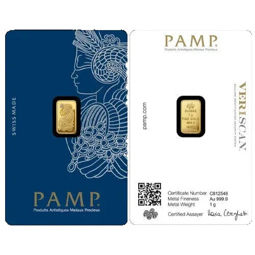 1g .999 fine Gold PAMP Bullion Bar. Solid pure 24k gold for investment/gift - NumisFind