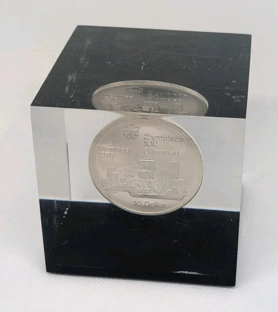 1973 Montreal Olympic Silver Coin In epoxy cube - The city - Desk weight - NumisFind