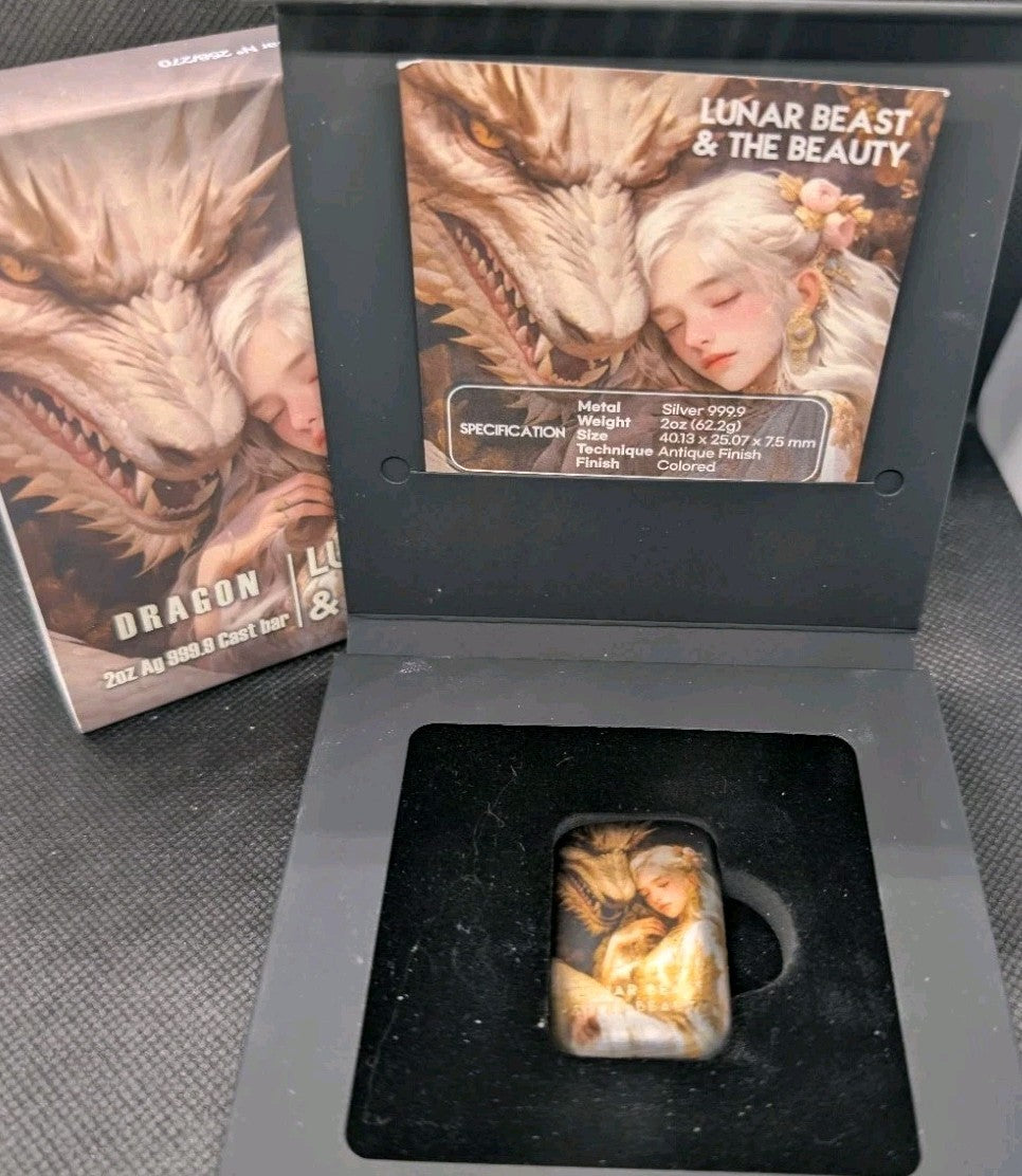 2024 2oz Silver Cast Bar Lunar Dragon Beast & Beauty .999 Fine0