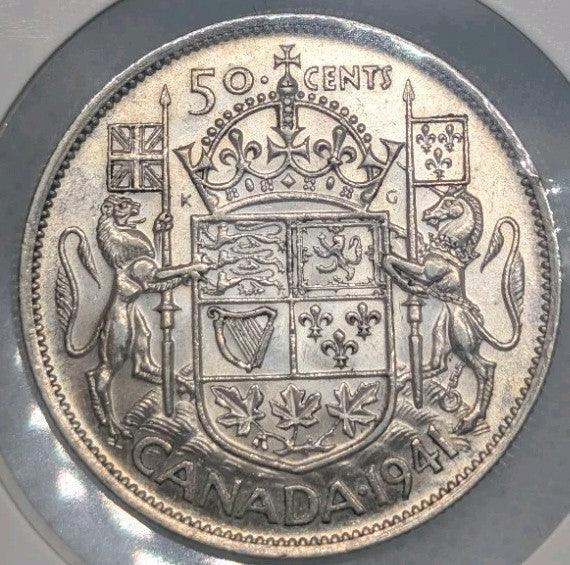 UNC 1941 Canada Silver 50 Cents, WW2, King George VI Half Dollar - NumisFind