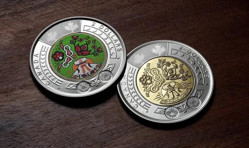 2023 Canada Toonie PAIR - National Indigenous Peoples Day $2 coloured & plain - NumisFind