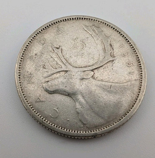 Canada 1961 25 Cents 25c Canadian Caribou Quarter Coin - 80% Silver - ASW .150oz0