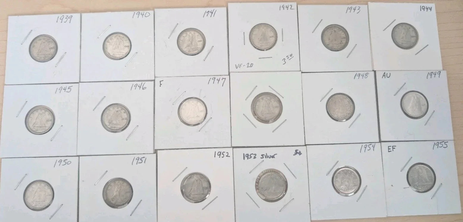 Canadian Silver Dimes Lot Of 18 10c coins from 1939 to 1955 - NumisFind