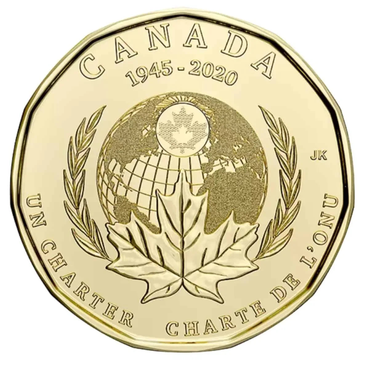 2020 Canada One Dollar 75th Anniversary of UN Charter Non Coloured Loonie Coin - NumisFind