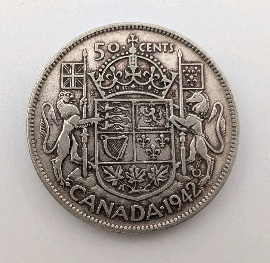 1942 Canada 50 Cents Silver Coin - 0.3oz of pure Silver0