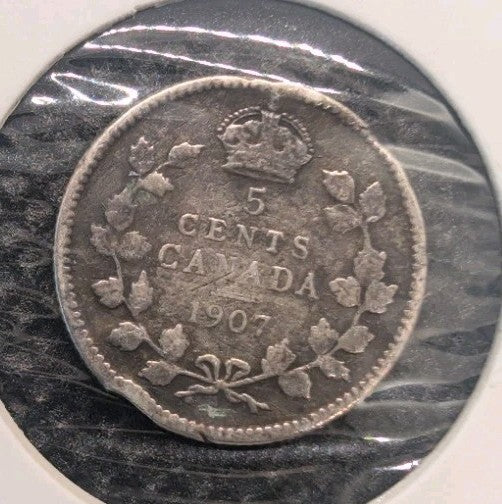 1907 Canada  Silver 5 Cents Silver Coin0