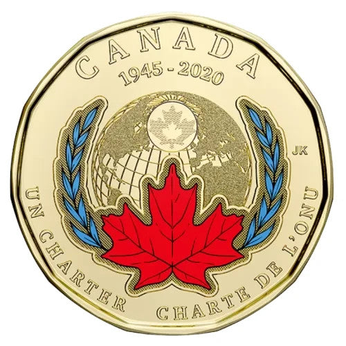 2020 Canada One Dollar 75th Anniversary of UN Charter Plain & Coloured Loonie1