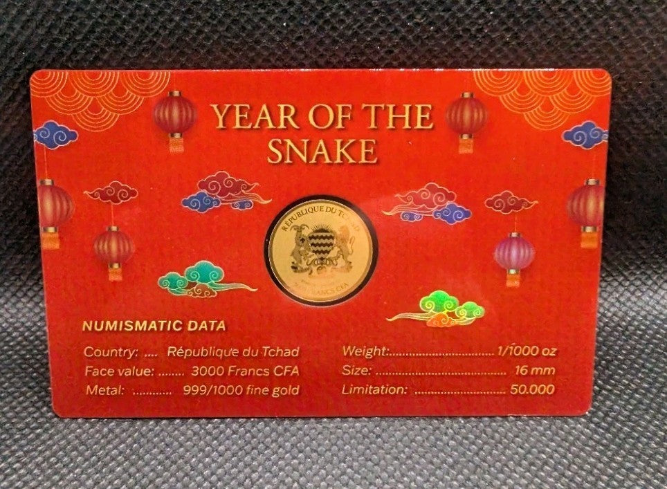 The Year of The Snake  1/1000 Oz 999 Gold Coin 1000 Francs Gabon Chad3