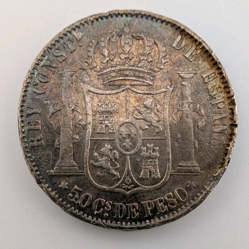 1883 Philippines .835 Silver 50 Centavos de Peso Alfonso XII Spanish RARE - XF0