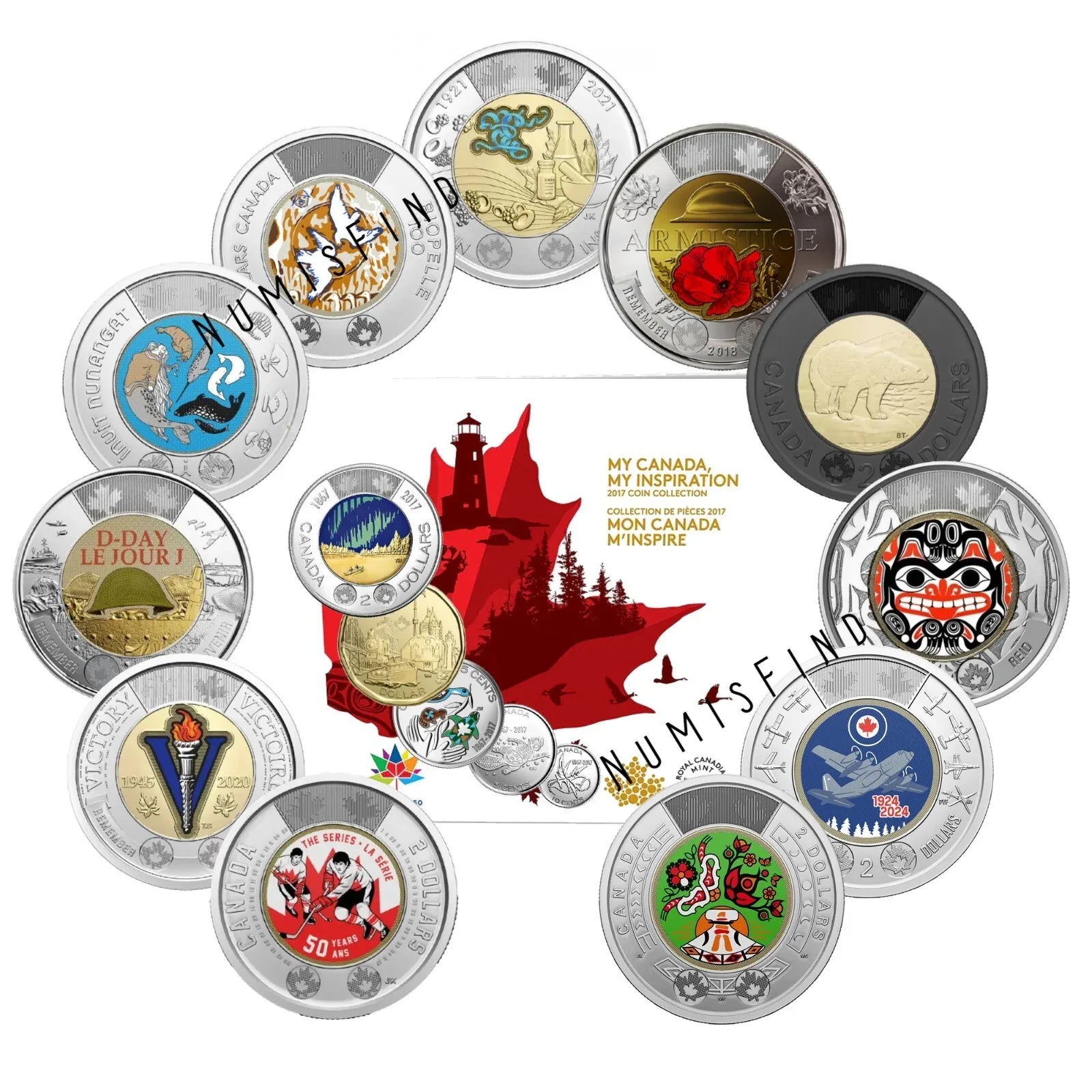 Canada Full Colored Toonie $2 Dollars 16-Coin Set, 2017-2024 with 2017 card - NumisFind
