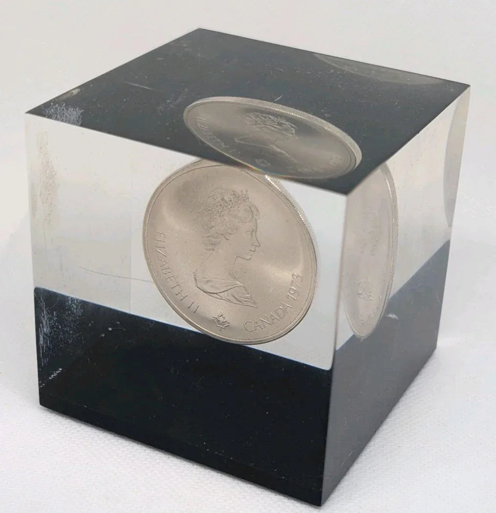 1973 Montreal Olympic Silver Coin In epoxy cube - The city - Desk weight - NumisFind