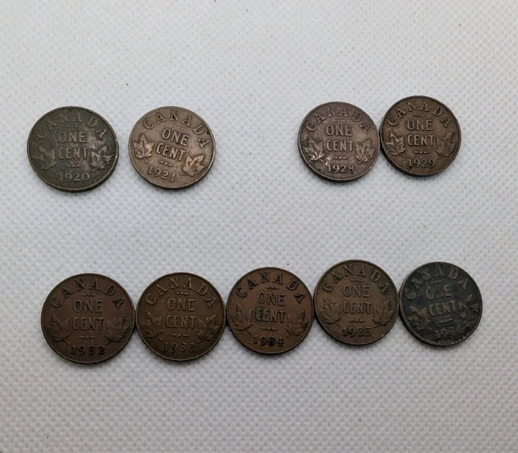 Set of 9 Canada Small Cents George V Coins (1920 -1936) - Pennies 1P 1c - Circ - NumisFind