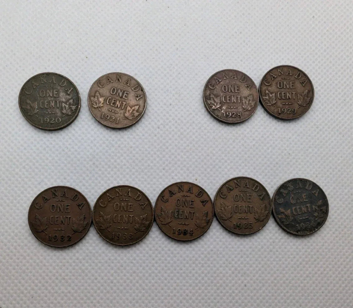 Set of 9 Canada Small Cents George V Coins (1920 -1936) - Pennies 1P 1c - Circ - NumisFind
