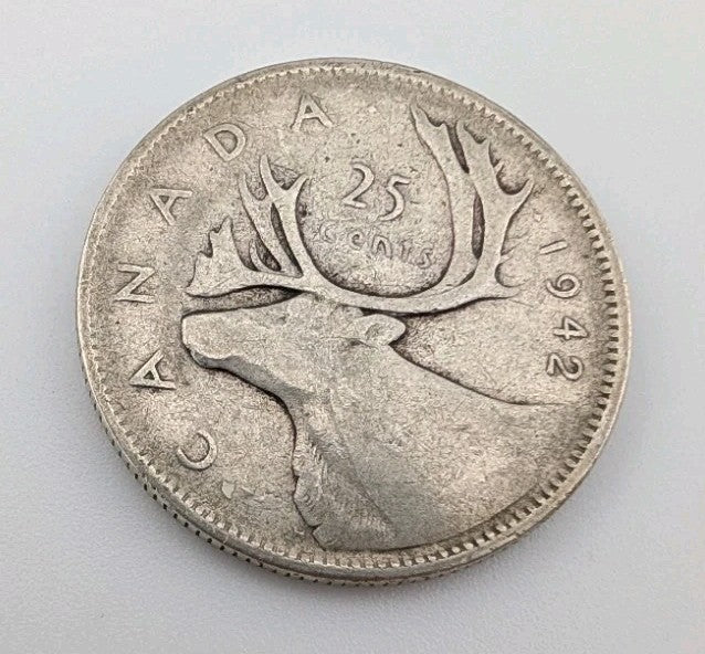 Canada 1942 25 Cents 25c Canadian Caribou Quarter Coin - 80% Silver - ASW .150oz0