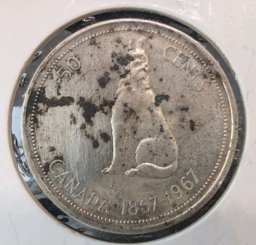 Silver 80% Canada 1967 50 cent 50c half dollar Wolf Canadian Coin - Cleaned0