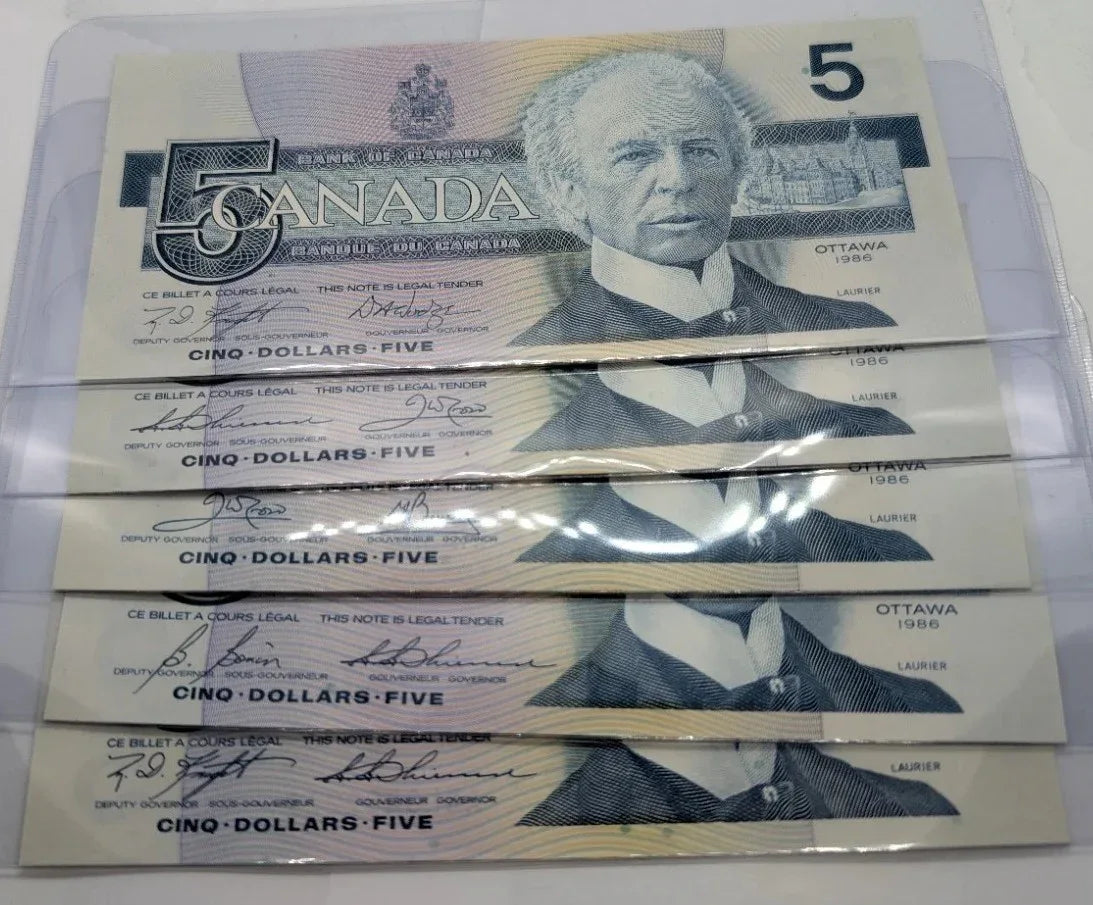 1986 Canada $5 Dollar Banknotes - lot of 5 - Include All Signatures - UNC - NumisFind