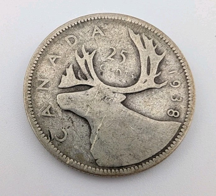 Canada 1938 25 Cents 25c Canadian Caribou Quarter Coin - 80% Silver - ASW .150oz0