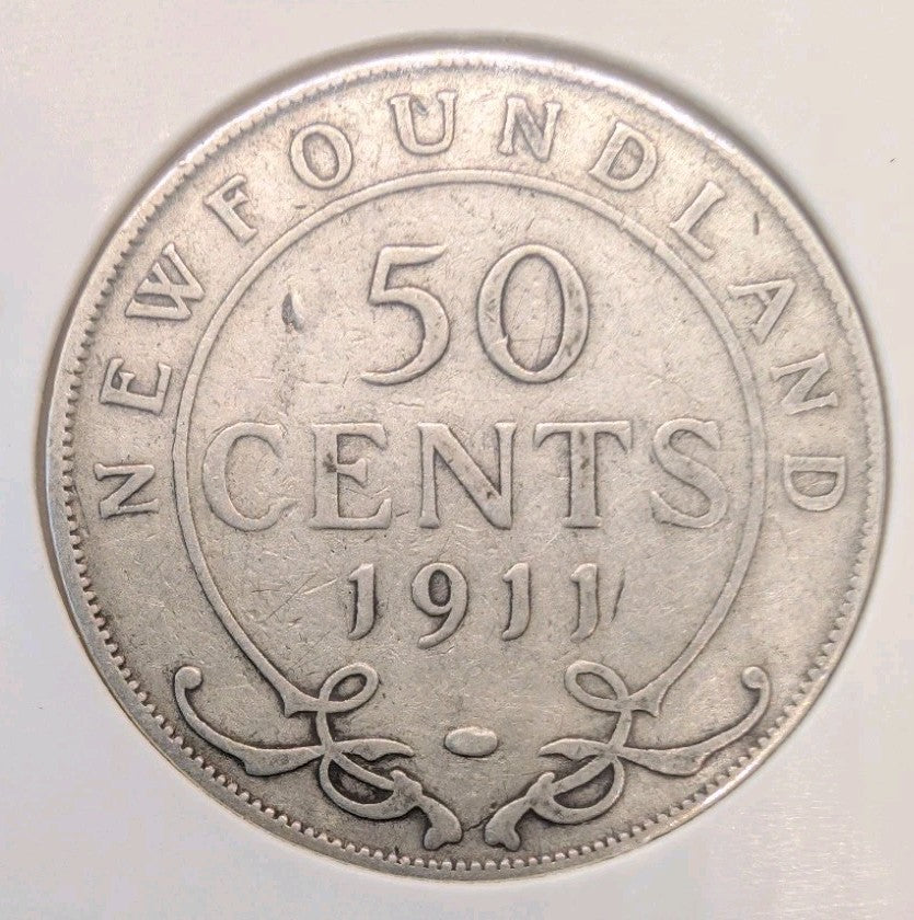 1911 Newfoundland 50 Cents Silver Coin VG8 - George V - Half Dollar Canada Terre0
