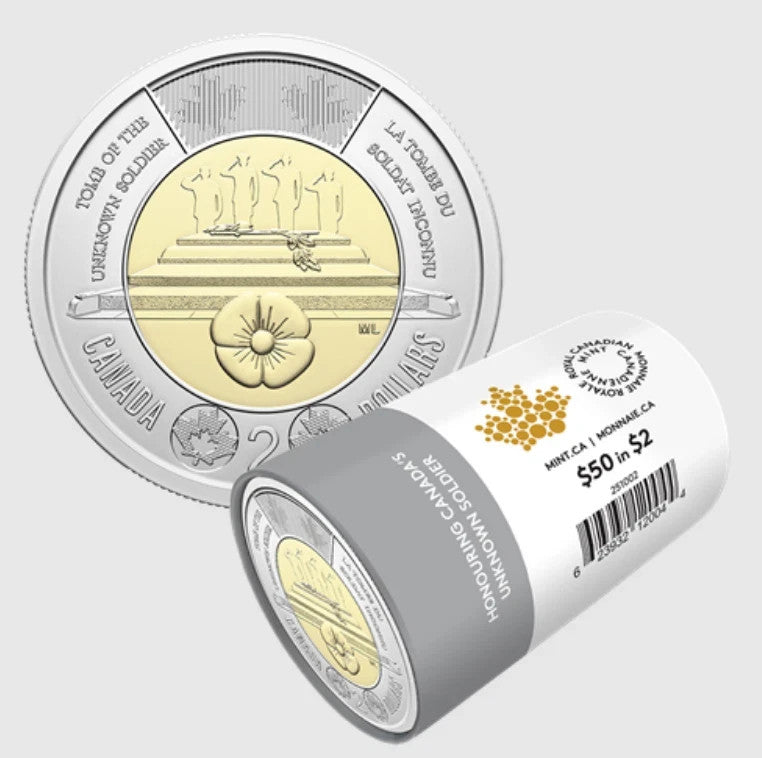 NEW ! 2025 Unknow soldier Toonie $2 No Color Canada Special Wrap RCM Roll0