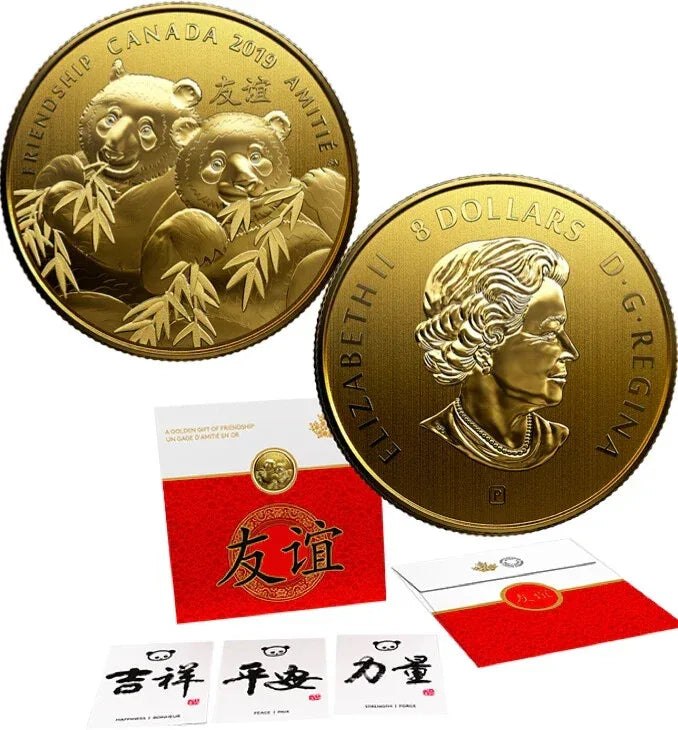 2019 - Golden Gift of Friendship - Pandas $8 Pure Silver Gold Plated Canada Coin - NumisFind