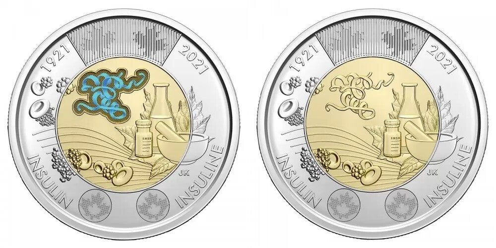 2021 Canada Insulin discovery non-coloured and coloured $2 toonie from mint roll0