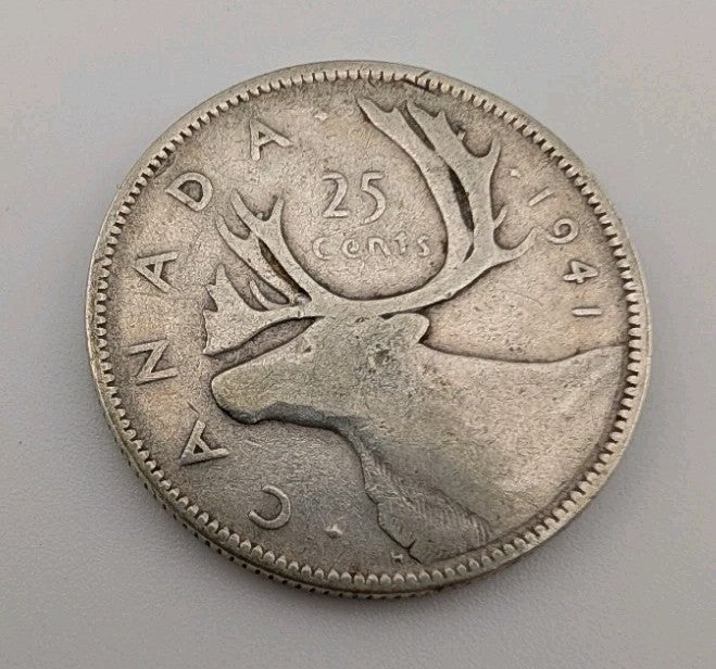 Canada 1941 25 Cents 25c Canadian Caribou Quarter Coin - 80% Silver - ASW .150oz0
