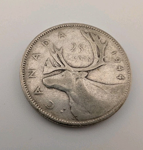 Canada 1944 25 Cents 25c Canadian Caribou Quarter Coin - 80% Silver - ASW .150oz0