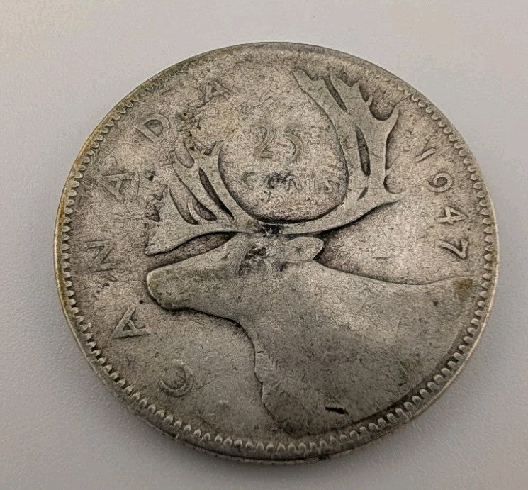 Canada 1947 25 Cents 25c Canadian Caribou Quarter Coin - 80% Silver - ASW .150oz0