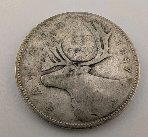 Canada 1947 25 Cents 25c Canadian Caribou Quarter Coin - 80% Silver - ASW .150oz0