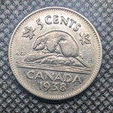 Canada 1938 5 Cent Coin Nickel Circulated0