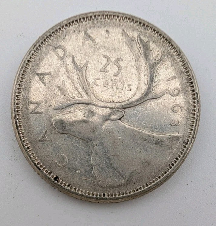 Canada 1963 25 Cents 25c Canadian Caribou Quarter Coin - 80% Silver - ASW .150oz0