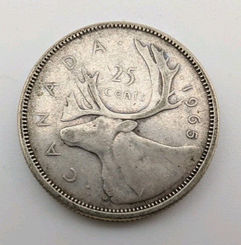 Canada 1965 25 Cents 25c Canadian Caribou Quarter Coin - 80% Silver - ASW .150oz0
