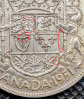 Mint Error! Die clash obverse - 1951 Canada SILVER Half Dollar Fifty Cents Coin0