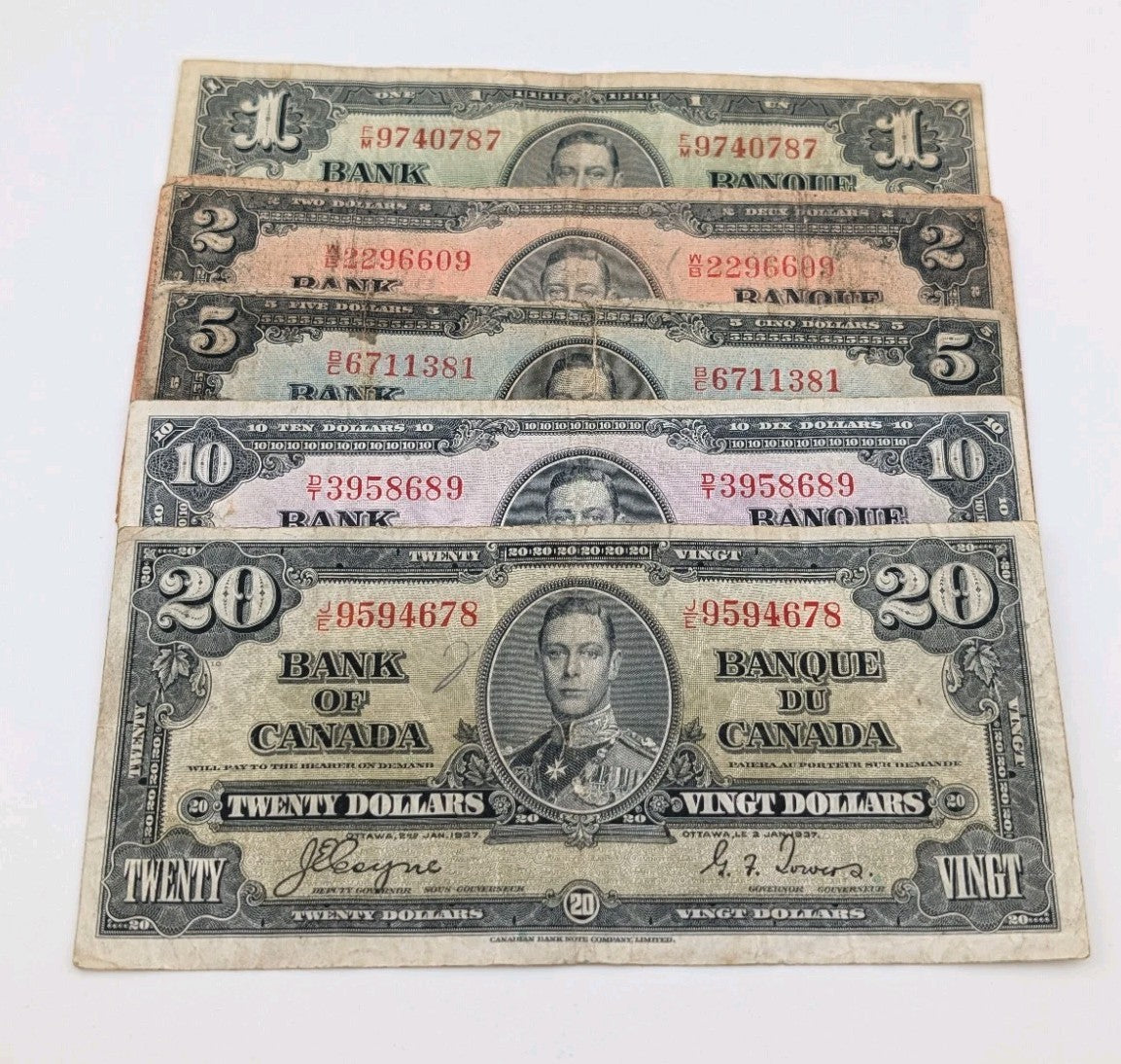 Canada 1937 1 to 20 Dollars Set - Average Condition - Gordon-Towers Coyne-Towers0