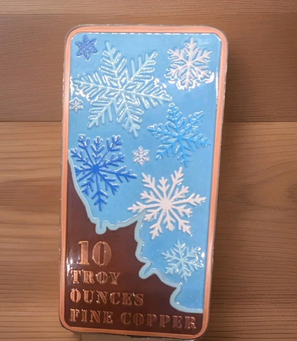 10 oz Copper Bar - Coloured snow flake - 10 Troy Ounces (311 g) Fine Cu - NumisFind