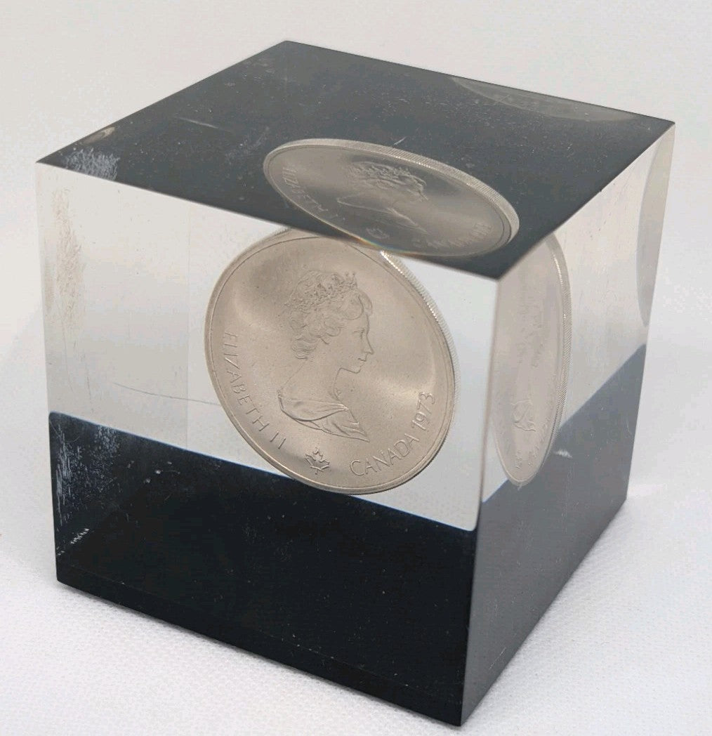 1973 Montreal Olympic Silver Coin In epoxy cube - The city - Desk weight1
