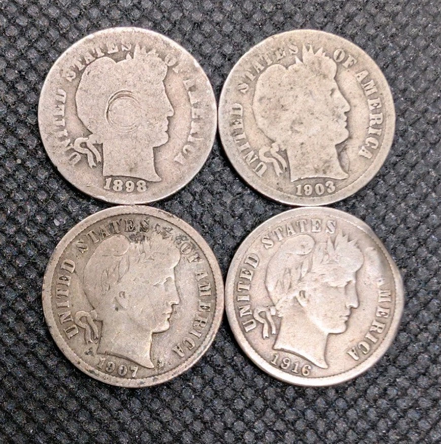 (4) Barber Dimes - 1898, 1903-O, 1907, 1916-S Circulated0