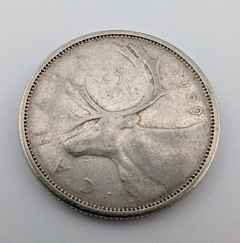 Canada 1959 25 Cents 25c Canadian Caribou Quarter Coin - 80% Silver - ASW .150oz0