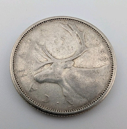 Canada 1959 25 Cents 25c Canadian Caribou Quarter Coin - 80% Silver - ASW .150oz0