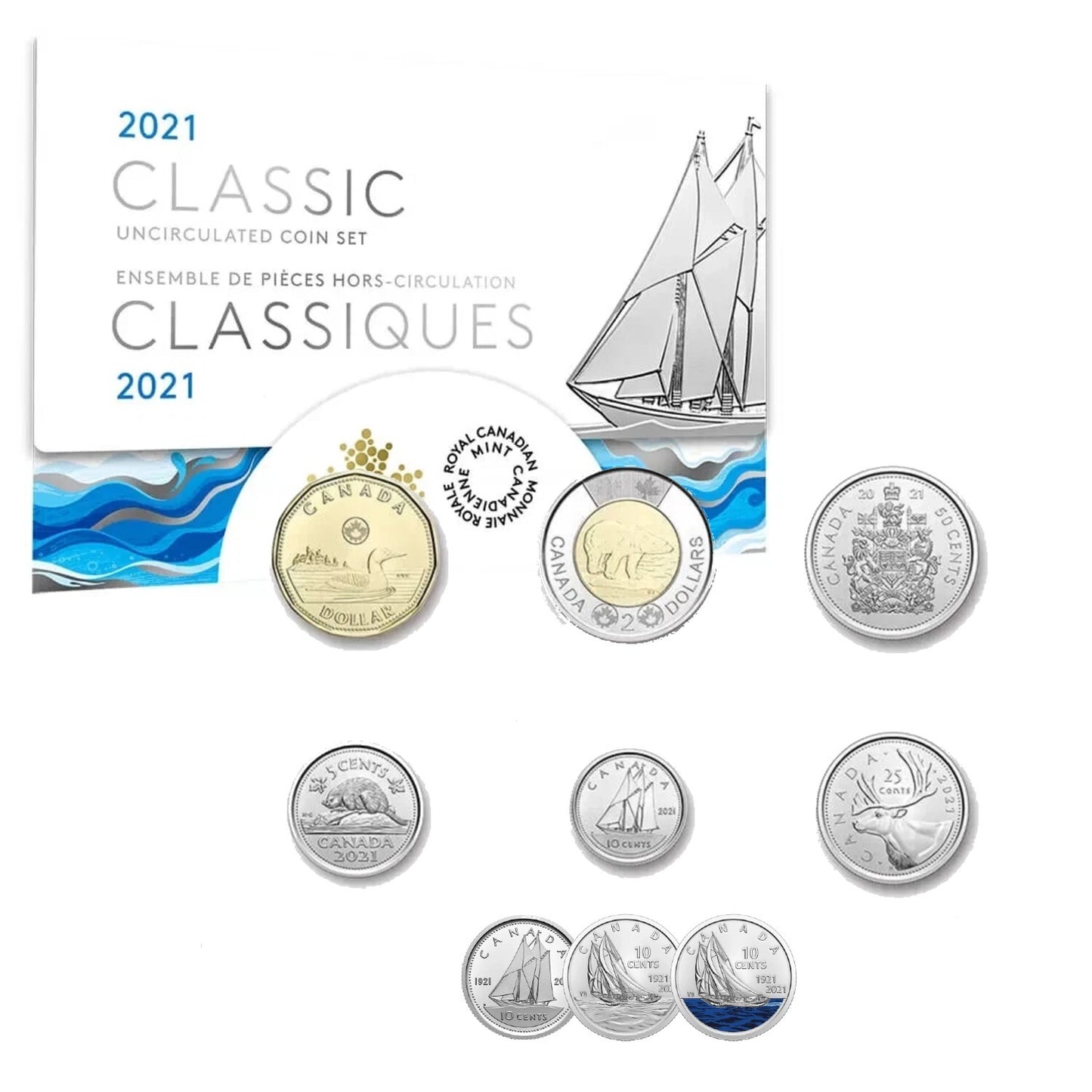 2021 Classic Canadian Unc Coin Set + Set of 3 dimes bluenose double dates0