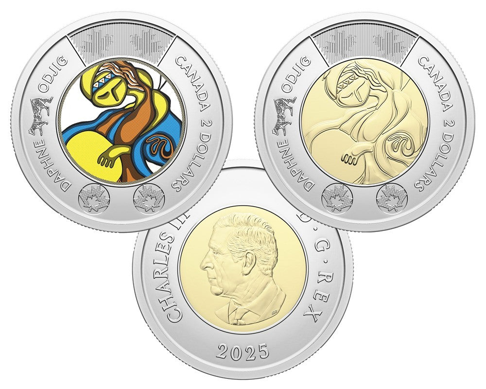 Canada 2025, $2 Daphne Odjig, Set of 2 Non and Coloured Coins from Rolls, BU0