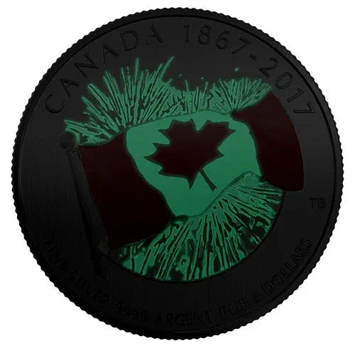 2017 CANADA’S 150th $5 DOLLAR PURE SILVER COLOURED GLOW-IN-THE-DARK 1/4 Oz COIN - NumisFind