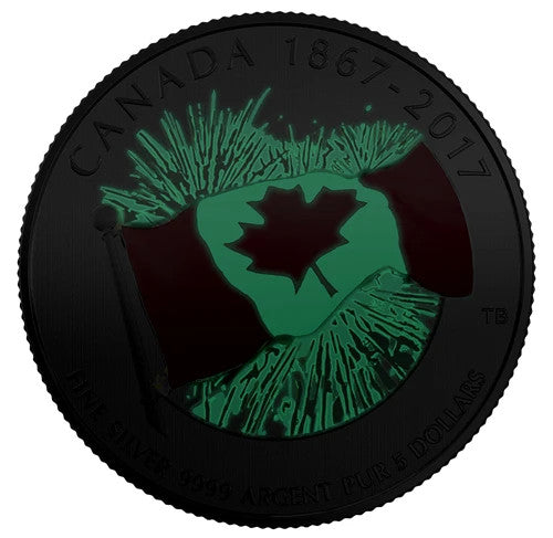 2017 CANADA’S 150th $5 DOLLAR PURE SILVER COLOURED GLOW-IN-THE-DARK 1/4 Oz COIN 2